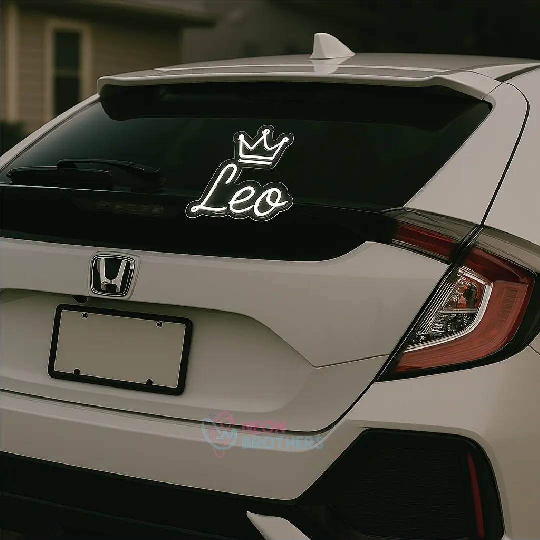 Leo Name Neon Sign with Crown – Custom LED Car Window Decor
