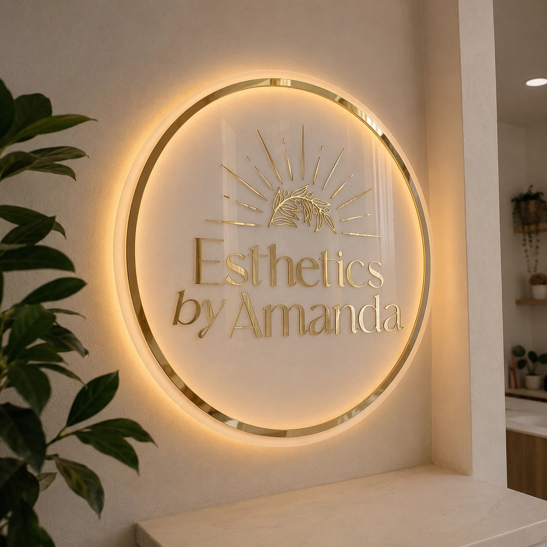 Custom Beauty Salon LED Halo Sign | Luxury Round Acrylic Reception Logo Sign