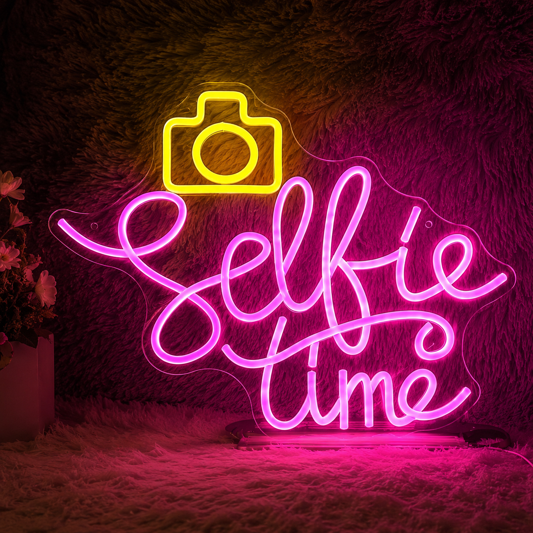 Selfie Time LED Neon Sign with Camera Icon – Photo Booth & Event Wall Decor