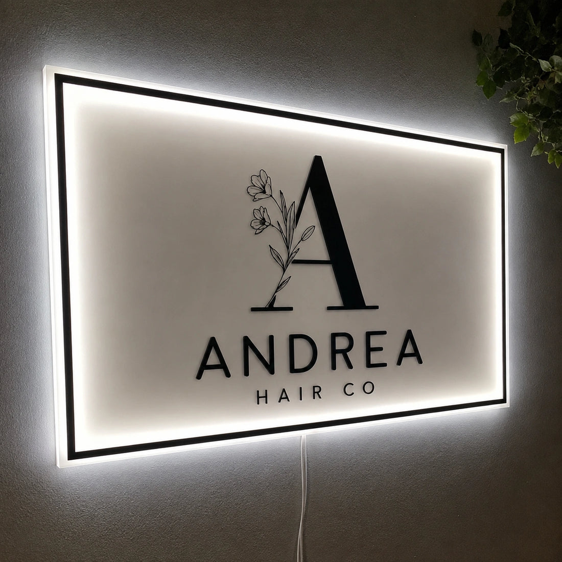 Andrea Hair Co LED Halo Sign | Luxury Hair Salon Reception Logo Wall Sign