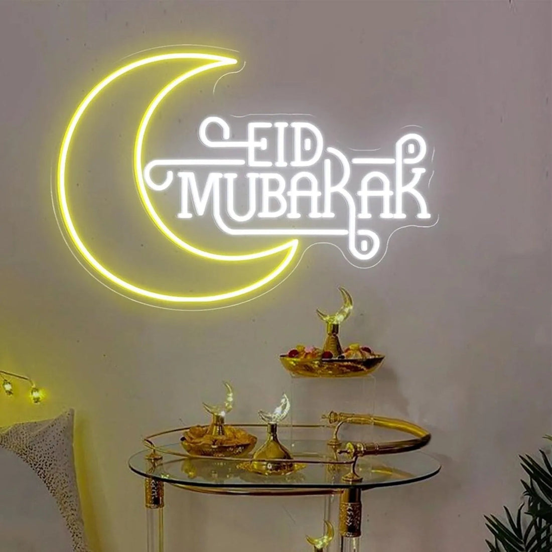 Eid Mubarak Moon Neon Sign – Glowing Crescent Ramadan LED Light for Home & Party Decor - Neon Brothers