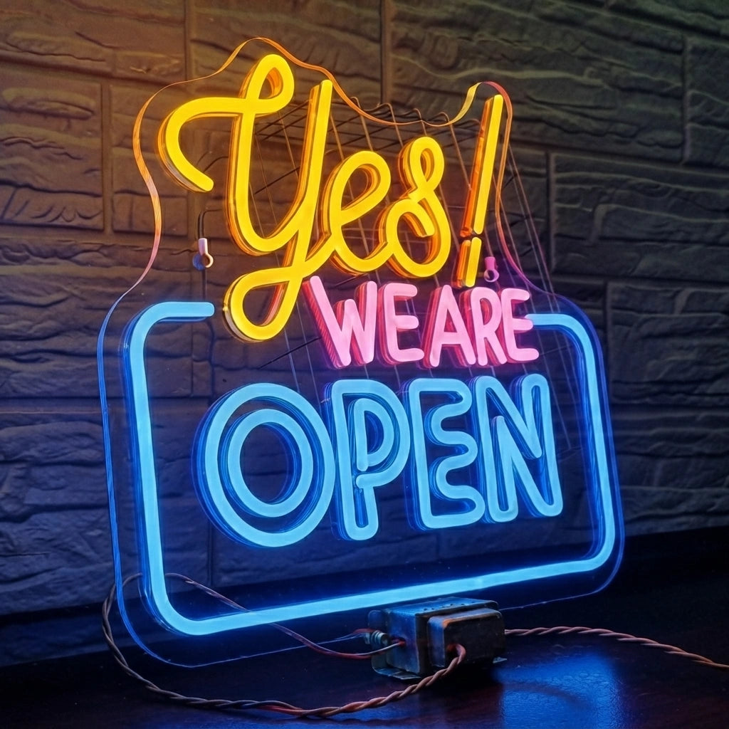 A neon-style sign on a tabletop against a dark brick wall, reading “Yes! WE ARE OPEN” in glowing yellow, pink, and blue lettering. The sign includes visible wiring and a small power unit at the bottom.