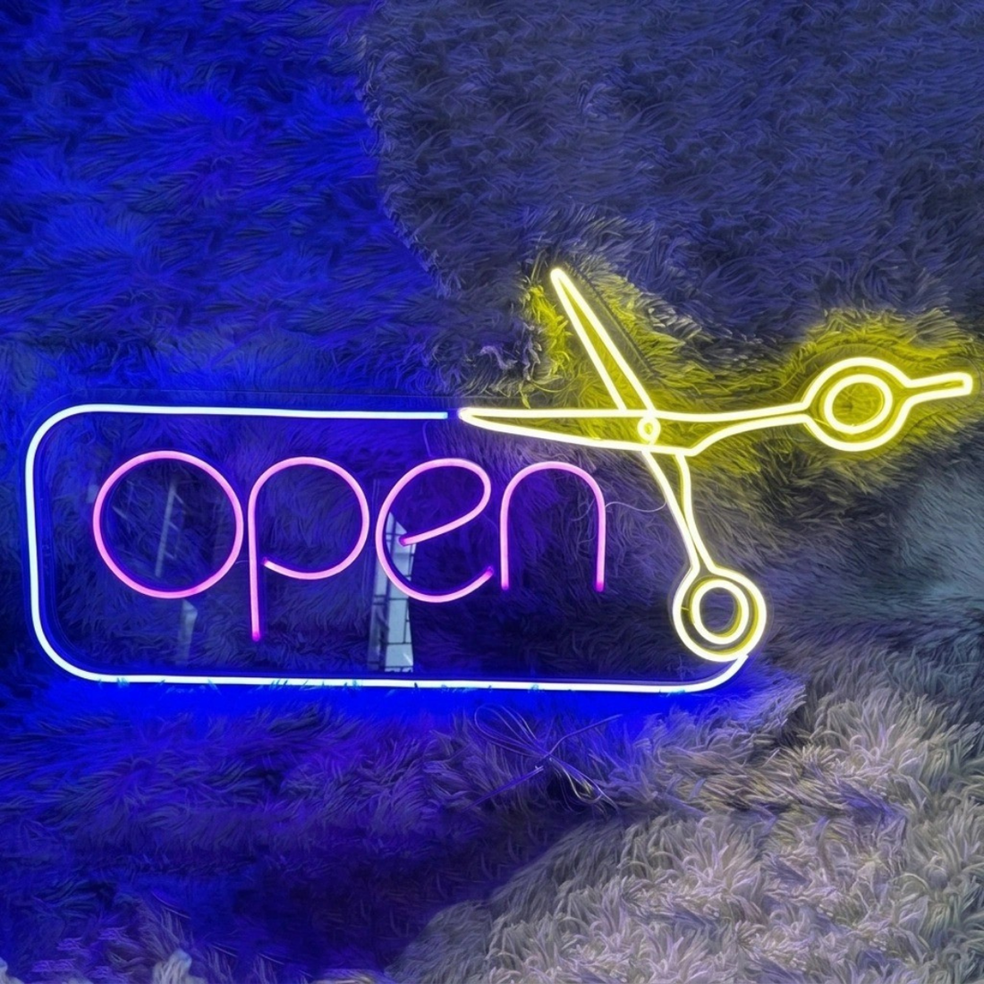 Open LED Neon Sign with Scissors – Salon & Barber Shop Window Sign