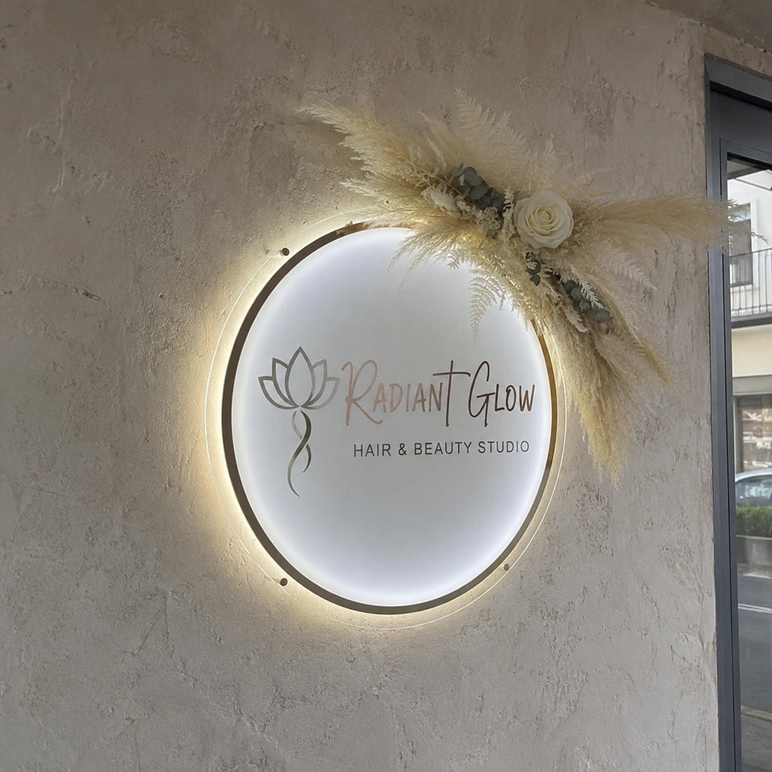 Radiant Glow Hair & Beauty Studio LED Halo Sign | Luxury Round Reception Logo Wall Sign