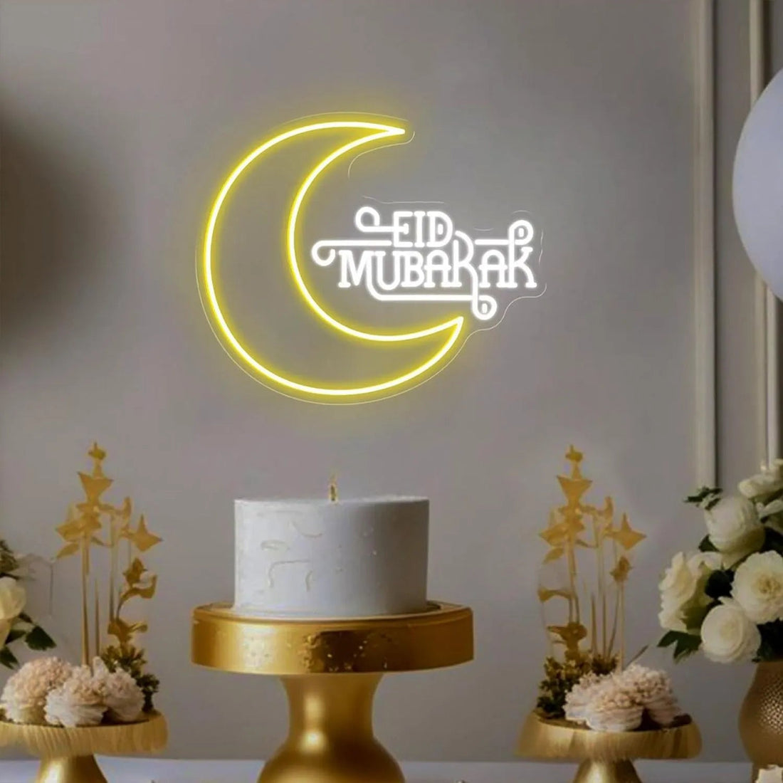 Eid Mubarak Moon Neon Sign – Glowing Crescent Ramadan LED Light for Home & Party Decor - Neon Brothers