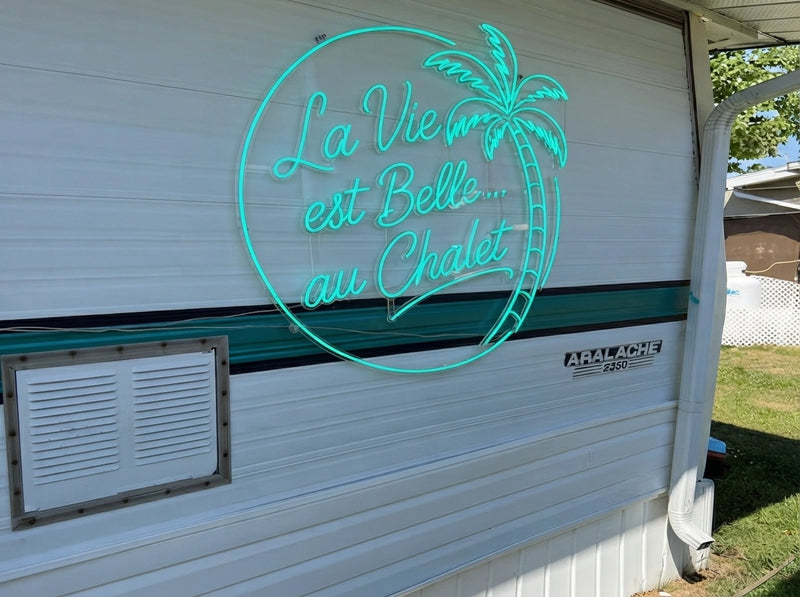 Custom turquoise LED neon palm tree chalet sign – Gold Coast, QLD – Neon Brothers