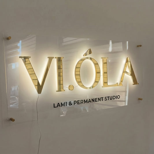 Acrylic Backlit Business Sign | Gold 3D Logo | Salon Wall Branding
